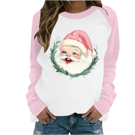 asdoklhq Christmas Turtleneck Sweater Women Casual Christmas Printed Long-sleeved Round-neck Raglan Sweater Pink XL