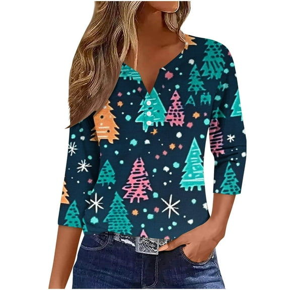 asdoklhq Christmas Turtleneck Sweater Women Fashion Printed 3/4 Sleeve Blouse V Neck Casual Red S