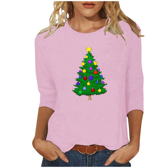 asdoklhq Christmas Turtleneck Sweater Women Ladies' Casual Christmas Print Round Neck Three Quarter Sleeve 3/4 Sleeve T-shirt Loose Top Pink S