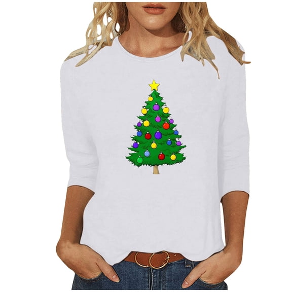 asdoklhq Christmas Turtleneck Sweater Women Ladies' Casual Christmas Print Round Neck Three Quarter Sleeve 3/4 Sleeve T-shirt Loose Top White XL