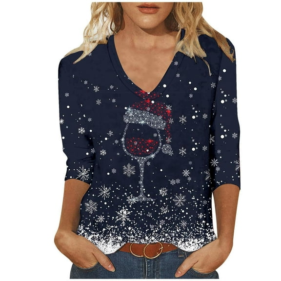 asdoklhq Christmas Turtleneck Sweater Women Ladies' Christmas Fashion Casual Printed V-neck Quarter Sleeve Top Navy XL