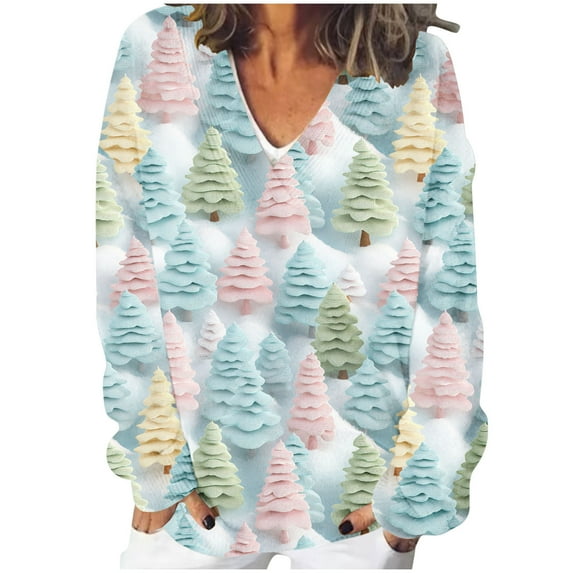 asdoklhq Christmas Turtleneck Sweater Women Long Sleeve V-Neck Hollowed Out Solid Color Casual Blouses Shirt Multicolor M