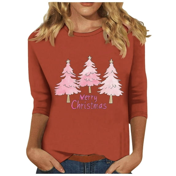 asdoklhq Christmas Turtleneck Sweater Women's Christmas Printed Round Neck 3/4 Sleeve T-shirt Loose Top Long Sleeve Round Neck Top/Shirt Coffee L