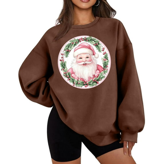 asdoklhq Christmas Turtleneck Sweater Women's Thin Fleece Round Neck Christmas Print Loose Sweatshirt Long Sleeve Top Sweatshirt Coffee S