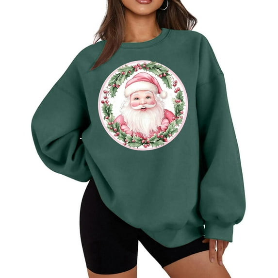 asdoklhq Christmas Turtleneck Sweater Women's Thin Fleece Round Neck Christmas Print Loose Sweatshirt Long Sleeve Top Sweatshirt Green M