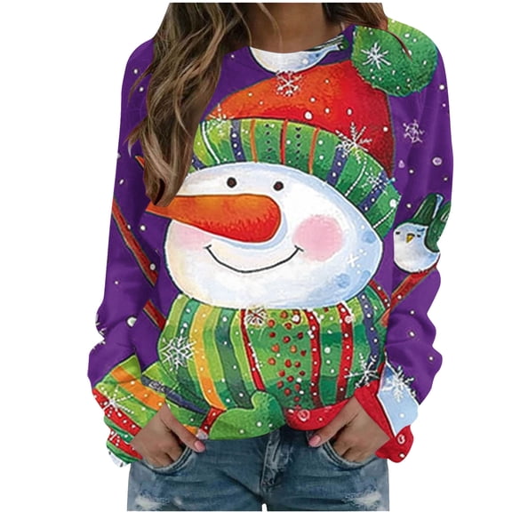 asdoklhq Christmas Ugly Christmas Sweater Women Christmas Fashion Casual Printed Round Neck Loose Long Sleeve Capless Sweatshirt Top Purple 2X