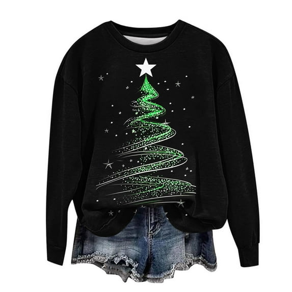 asdoklhq Christmas Ugly Christmas Sweater Women Christmas Round Neck Printed Loose Sweater Long-sleeved Top Black S