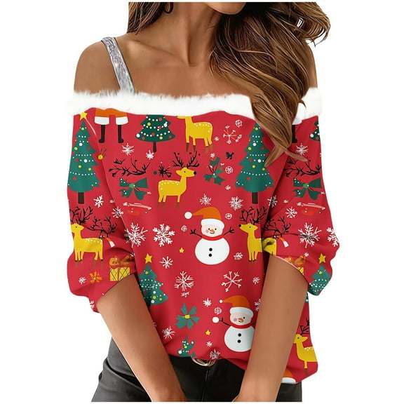 asdoklhq Christmas Ugly Christmas Sweater Women Womens Fashion Double Shoulder Strap Christmas Print T-Shirt Long Sleeve Top Red L