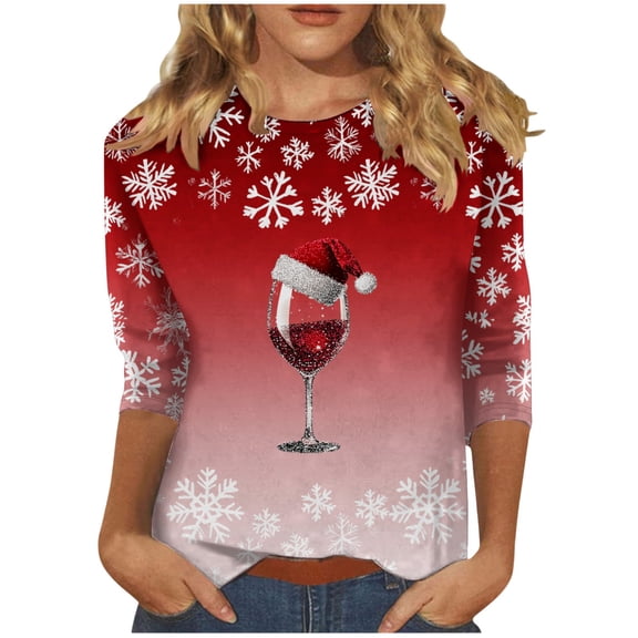 asdoklhq Christmas V Neck Sweaters for Women Fashion Women's Comfortable Round-Neck 3/4 Sleeve Print Casual T-shirt Blouse Red 2X