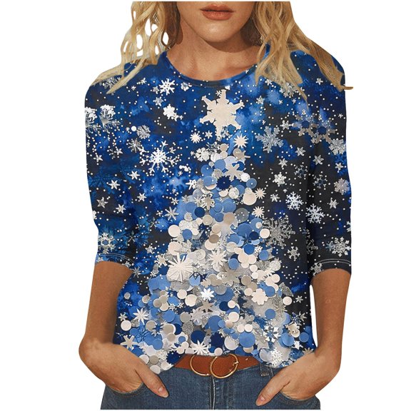 asdoklhq Christmas V Neck Sweaters for Women's Fashion Casual Color Letters Printing Round Neck 3/4 Sleeve T-shirt Blouse Multicolor XL