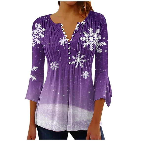 asdoklhq Christmas V Neck Sweaters for Women's Fashionable Christmas Printed Casual V-neck Pullover Long Sleeved Top Purple 2X