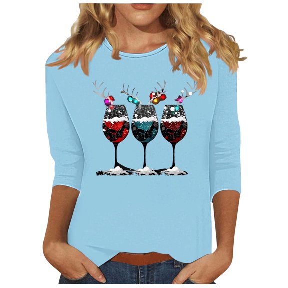 asdoklhq Christmas Winter Sweaters for Women Fashionable Women's Printed Casual Round Neck Pullover 3/4 Sleeve Top Light Blue S