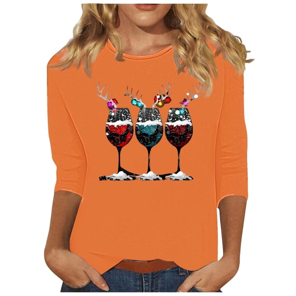 asdoklhq Christmas Winter Sweaters for Women Fashionable Women's Printed Casual Round Neck Pullover 3/4 Sleeve Top Orange L