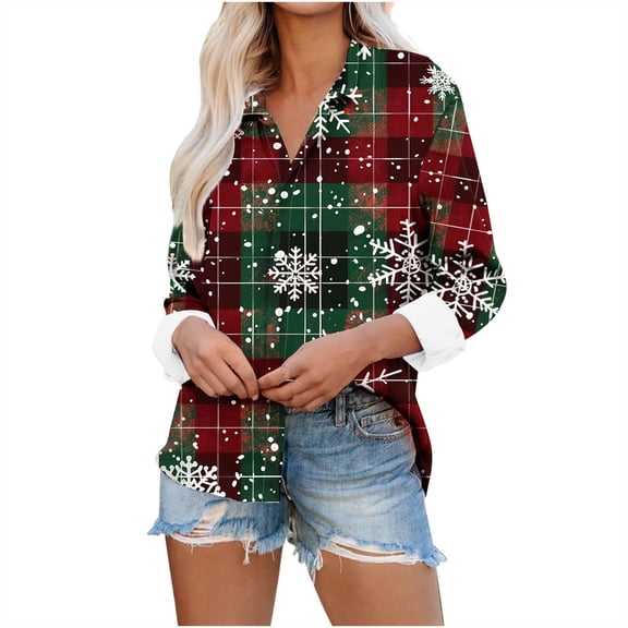 asdoklhq Christmas Winter Sweaters for Women Long Sleeved Turndown Collar Blouse Christmas Print Shirt Army Green XL