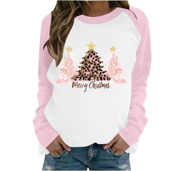 asdoklhq Christmas Women Sweaters Women's Casual Christmas Printed Long-sleeved Round-neck Raglan Sweater Pink XL