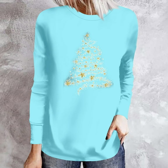 asdoklhq Christmas Women Sweatshirt Ladies Fashion Casual Christmas Print Round Neck Loose Long Sleeve Top Blue 3X
