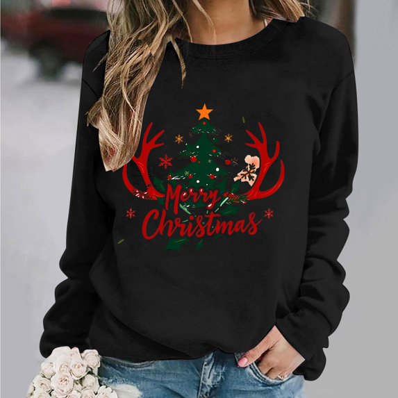 asdoklhq Christmas Women Sweatshirt Women's Round Neck Christmas Printed Sweatshirt Long Sleeved Top Sweatshirt Black S