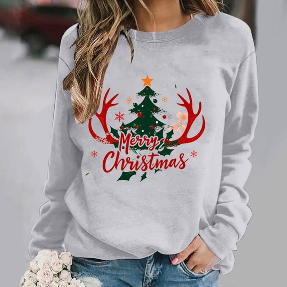 asdoklhq Christmas Women Sweatshirt Women's Round Neck Christmas Printed Sweatshirt Long Sleeved Top Sweatshirt Gray XS
