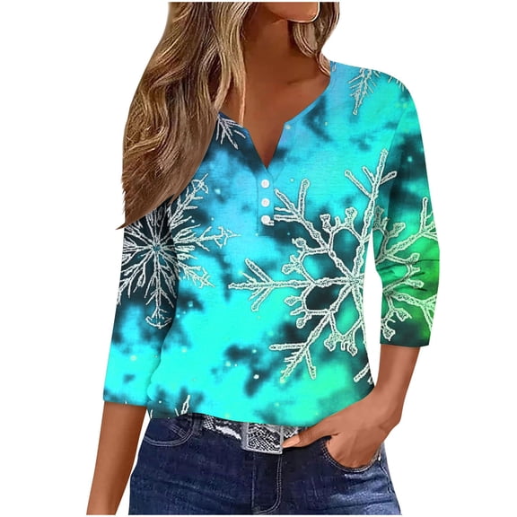 asdoklhq Christmas Women's Long Sleeve Tops Women's Fashion Printed 3/4 Sleeve Blouse V Neck Casual Light Blue S