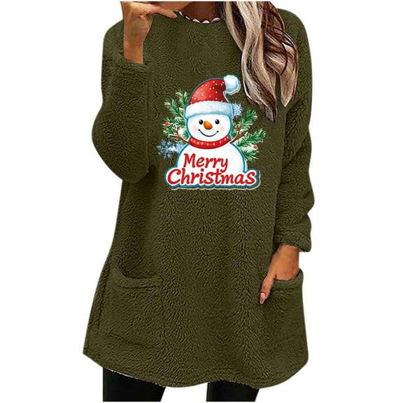 asdoklhq Christmas Women's Sweaters Women's Round- Neck and Winter Loose Solid Pocket Warm Long Sleeve Blouse Army Green S