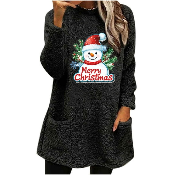 asdoklhq Christmas Women's Sweaters Women's Round- Neck and Winter Loose Solid Pocket Warm Long Sleeve Blouse Black S