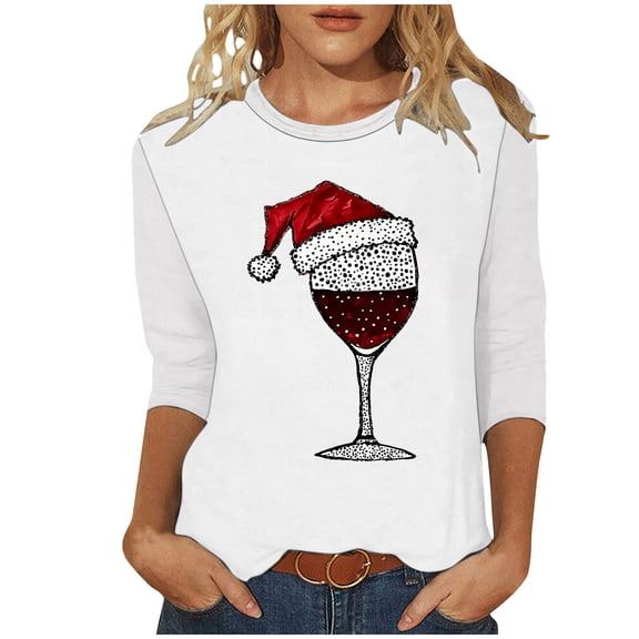 asdoklhq Christmas Women's Sweatshirt Women's Fashion Tees Casual Crewneck 3/4 Sleeve Loose T Shirt Ladies Blouses Shirts Multicolor L
