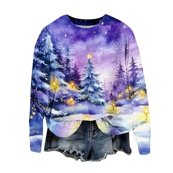 asdoklhq Christmas Women's Sweatshirt Women's Round Neck Printed Hoodie Long Sleeved Top Purple S