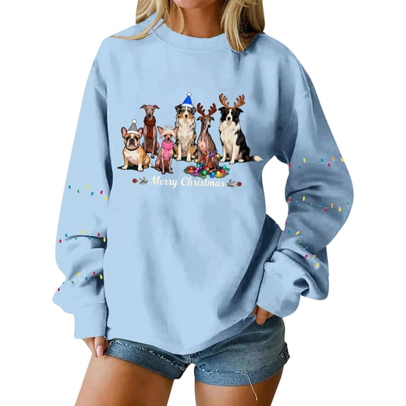 asdoklhq Christmas Women's Tops Women's Round Neck Christmas Printed Long Sleeved Tops Shirt Sweatshirts Blouse Light Blue M
