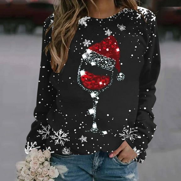 asdoklhq Christmas Women's Tops Women's Round Neck Christmas Printed Top Long Sleeved Top Long Sleeved Round Neck Shirt Black M