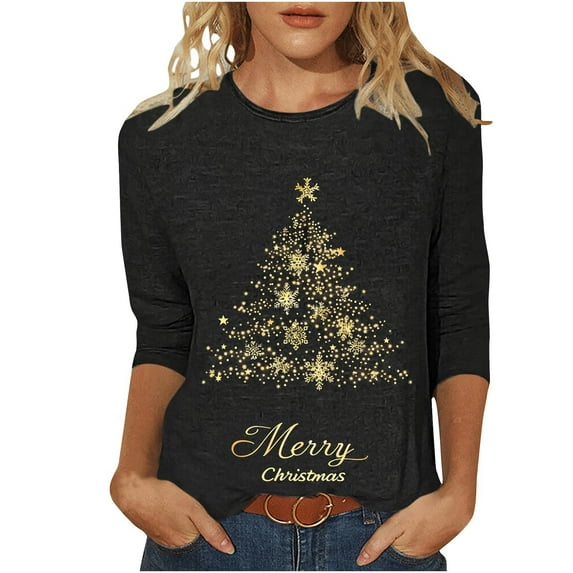 asdoklhq Christmas Womens Christmas Shirts Women'S Christmas Print Loose and Comfortable Round Neck 3/4 Sleeve T-Shirt Loose Top/Shirt Multicolor M