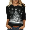 thumbnail image 1 of asdoklhq Christmas Womens Christmas Tops Women's Crew Neck Christmas Print 3/4 Sleeve Round Neck T-shirt Blouses Black XL, 1 of 5