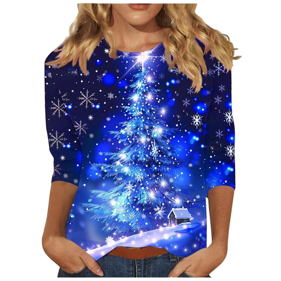 asdoklhq Christmas Womens Fall Sweaters Fashionable Women's Christmas Printed Casual Round Neck Pullover 3/4 Sleeve Top Red M