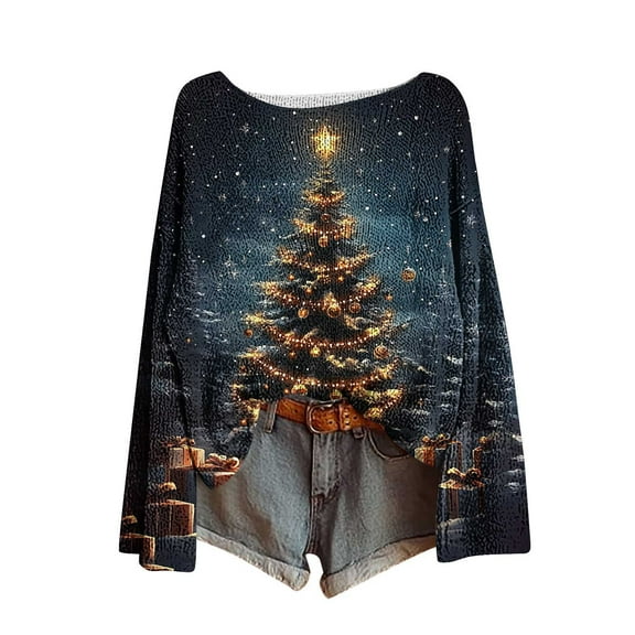 asdoklhq Christmas Womens Fall Sweaters Ladies' Christmas Printed Round-neck Long-sleeved Fashion Pullover Knitted Sweater Top Blue XL