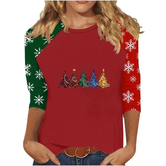 asdoklhq Christmas Womens Fall Sweaters Women's 3/4 Sleeve Crew Neck Pullover Christmas Print Top Red S