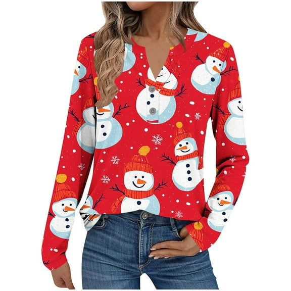 asdoklhq Christmas Womens Flannel Shirt Fashionable Women's Christmas Printed V-neck Long Sleeved T-shirt Casual Button Up Top Red 3X