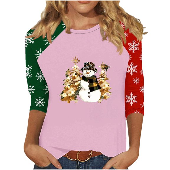 asdoklhq Christmas Womens Long Sleeve T Shirts Women's 3/4 Sleeve Crew Neck Pullover Christmas Print Top Pink 3X