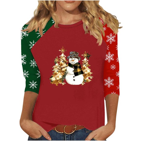 asdoklhq Christmas Womens Long Sleeve T Shirts Women's 3/4 Sleeve Crew Neck Pullover Christmas Print Top Red 3X