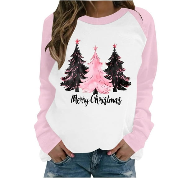 asdoklhq Christmas Womens Long Sleeve T Shirts Women's Casual Christmas Printed Long-sleeved Round-neck Raglan Sweater Pink 2X