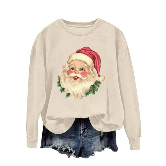 asdoklhq Christmas Womens Long Sleeve T Shirts Women's Round Neck Printed Loose Fitting Long Sleeve Hoodless Sweatshirts Khaki S