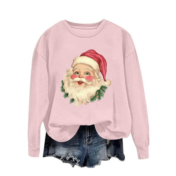 asdoklhq Christmas Womens Long Sleeve T Shirts Women's Round Neck Printed Loose Fitting Long Sleeve Hoodless Sweatshirts Pink S