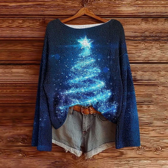 asdoklhq Christmas Womens Long Sleeve Tops Ladies' Christmas Printed Round-neck Long-sleeved Fashion Pullover Knitted Sweater Top Blue S