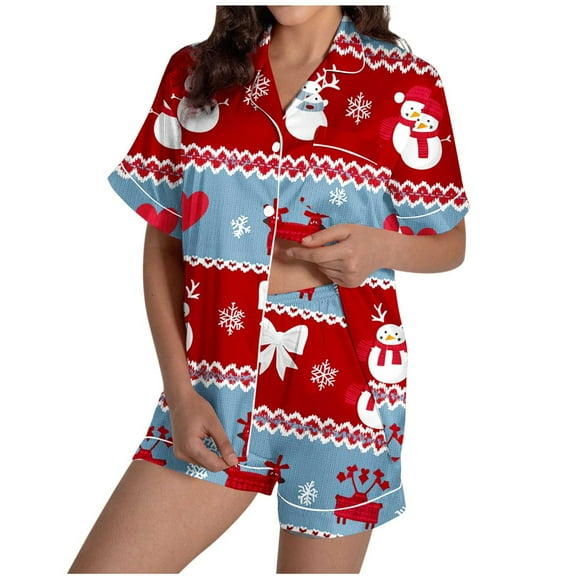 asdoklhq Christmas Womens Pajamas Set Women Print Casual Turndown Collar Short Sleeve Blouse Button Short Pants Pajamas Suit Red S