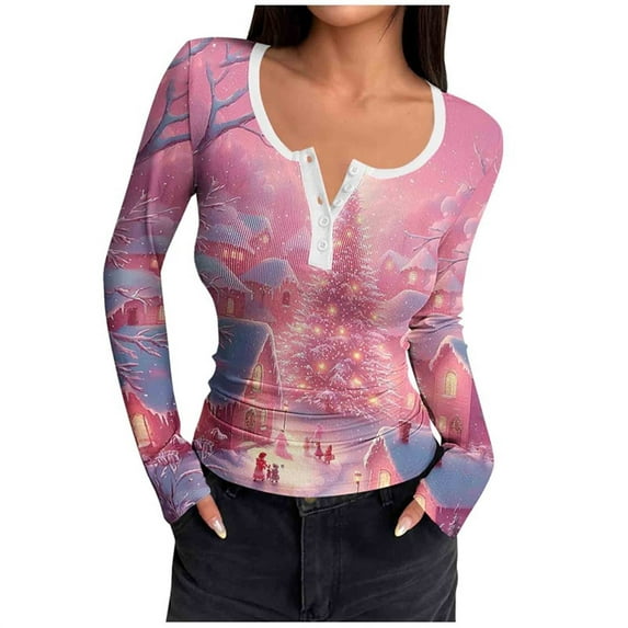 asdoklhq Christmas Womens Shirts Fashionable Women's Christmas Printed Long Sleeved Round Neck Button Up Shirt Top Red 2X