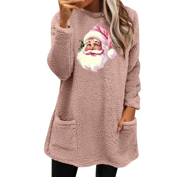 asdoklhq Christmas Womens Shirts Women's Long-sleeved Crew-neck Printed Pocket Casual Top Pink M