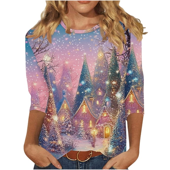 asdoklhq Christmas Womens Sweater Women Shiny Colorful Christmas Print Three Quarter Sleeve 3/4 Round Neck Top Short Sleeved Round Neck Top/shirt Multicolor L