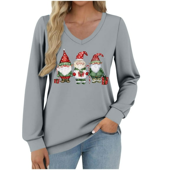 asdoklhq Christmas Womens Sweater Women's Fashionable and Casual Loose Christmas V-neck Long Sleeved T-shirt Top Gray S