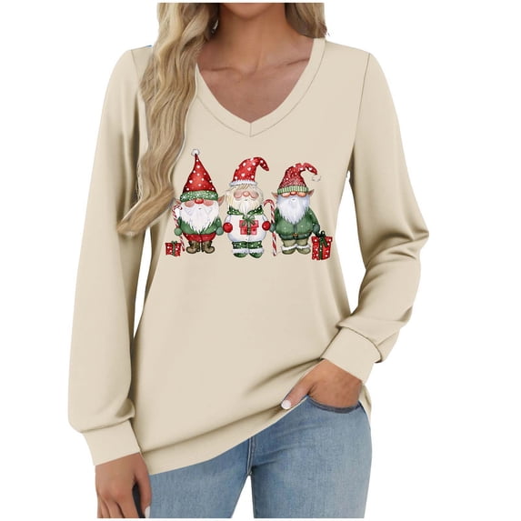 asdoklhq Christmas Womens Sweater Women's Fashionable and Casual Loose Christmas V-neck Long Sleeved T-shirt Top Khaki M