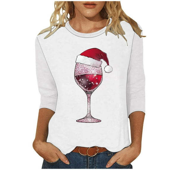 asdoklhq Christmas Womens Sweaters Women's Fashion Tees Casual Crewneck 3/4 Sleeve Loose T Shirt Ladies Blouses Shirts Multicolor XL