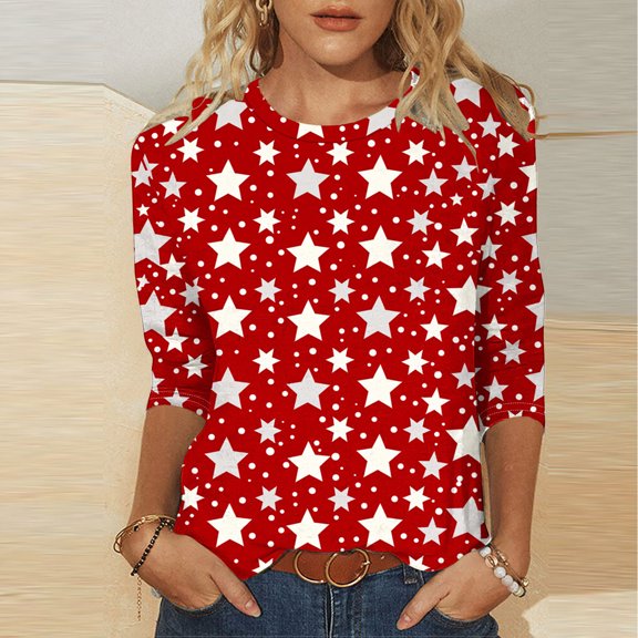 asdoklhq Christmas Womens Sweatshirt Women's Fashion Printed T-shirt 3/4 Sleeves Blouse Round Neck Casual Red 2X