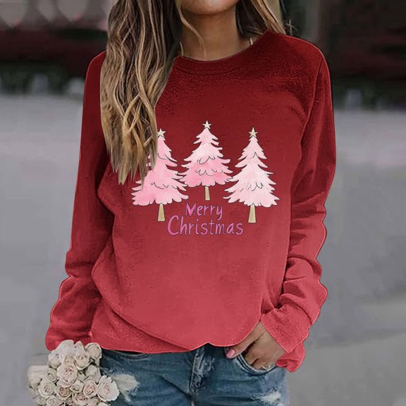 asdoklhq Christmas Womens Sweatshirts Women's Christmas Gradient Print Loose Casual Long Sleeve Round Neck Hoodless Straight Shoulder Sweatshirt Hoodless Sweatshirt Red S